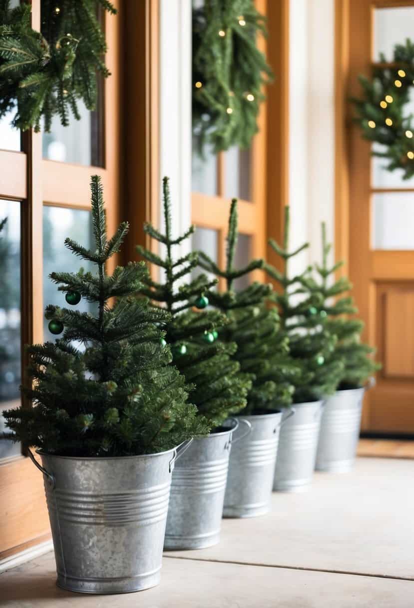 Mini Christmas trees in galvanized buckets line a festive entryway, creating a cozy holiday atmosphere
