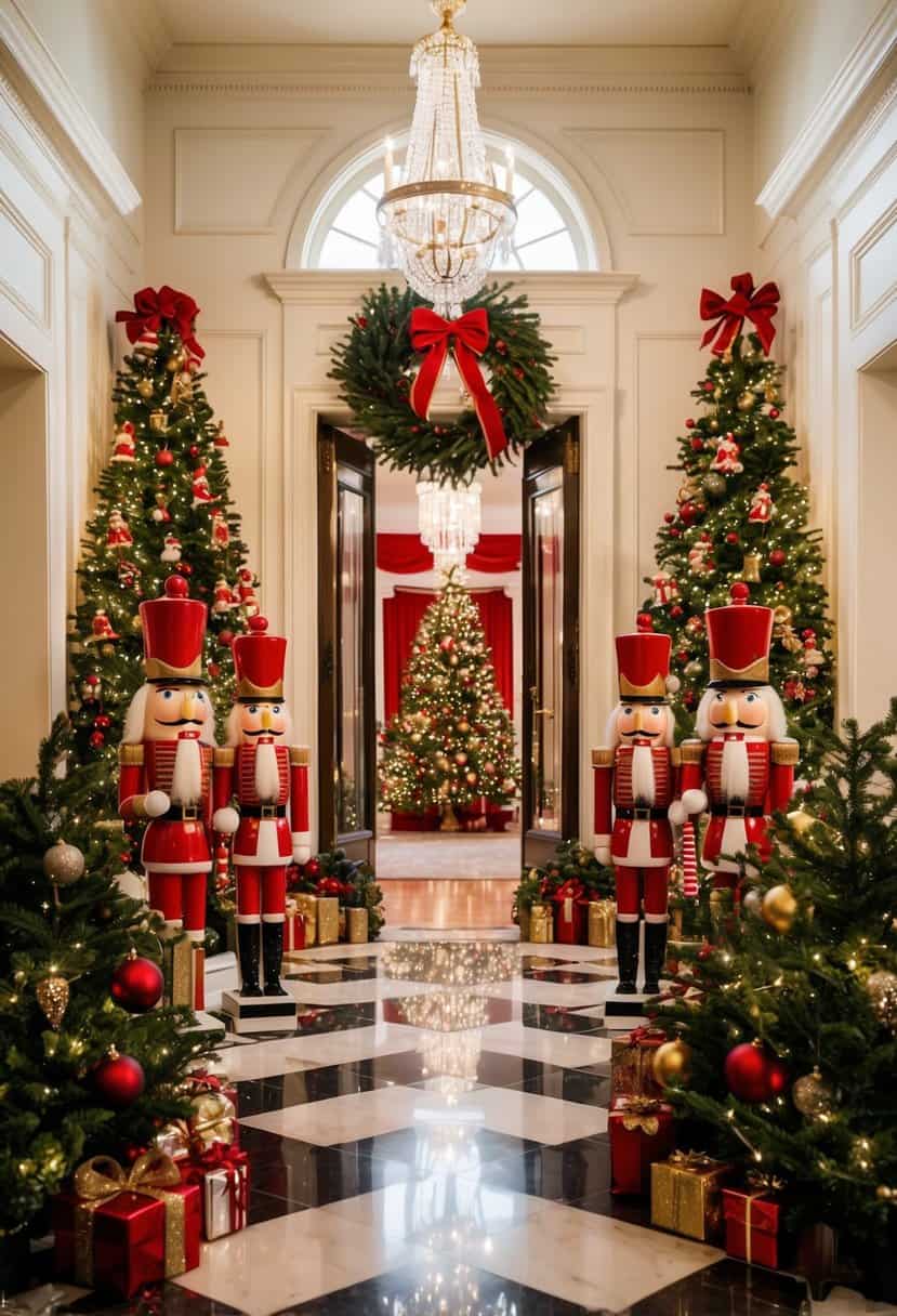 A grand entryway adorned with Nutcracker figures and festive Christmas decor