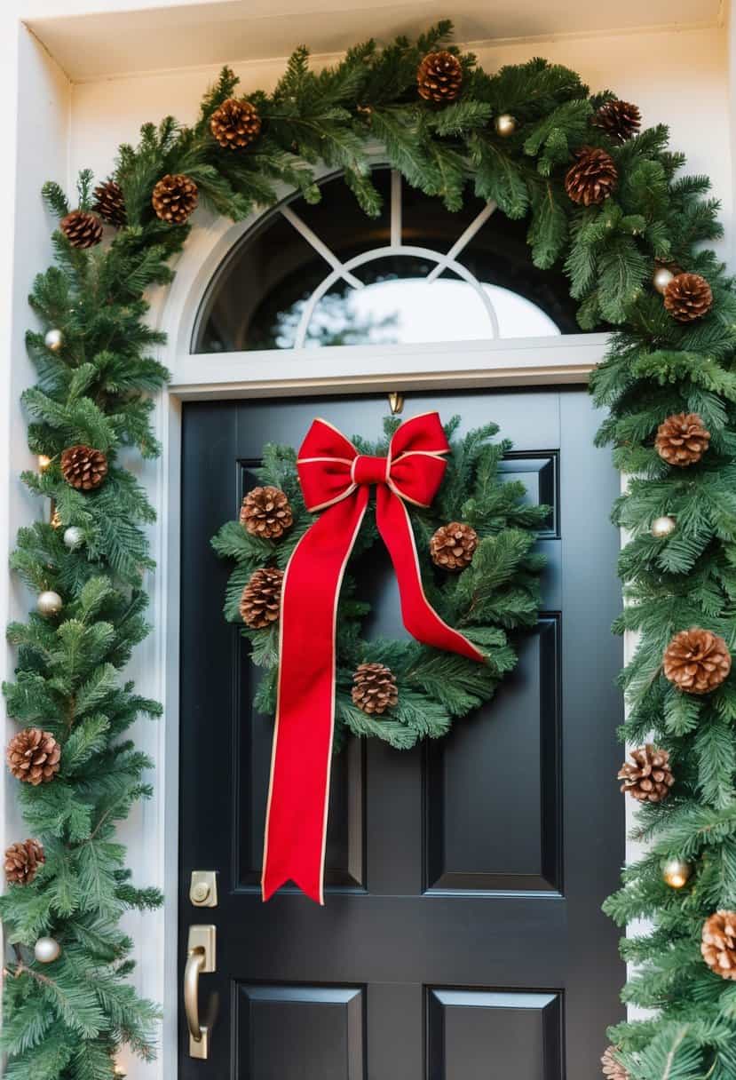 A pine garland with red bows hangs above a doorway, creating a festive and welcoming entryway for the holiday season