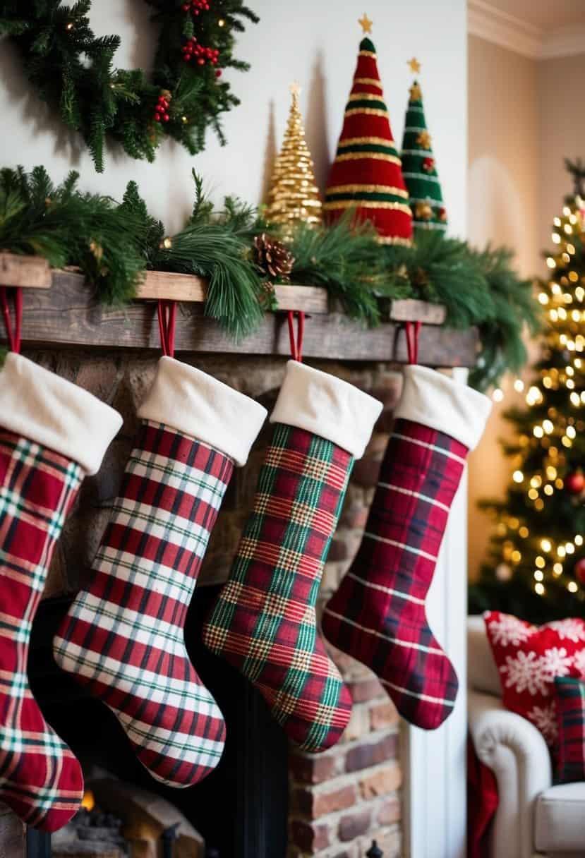 Plaid Christmas stockings hang from a rustic mantel, surrounded by festive decor in a cozy living room