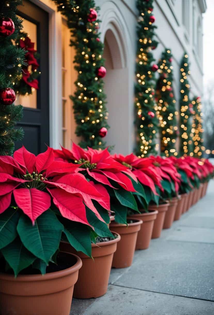 A row of poinsettia flower pots line the entryway, flanked by festive decorations and twinkling lights
