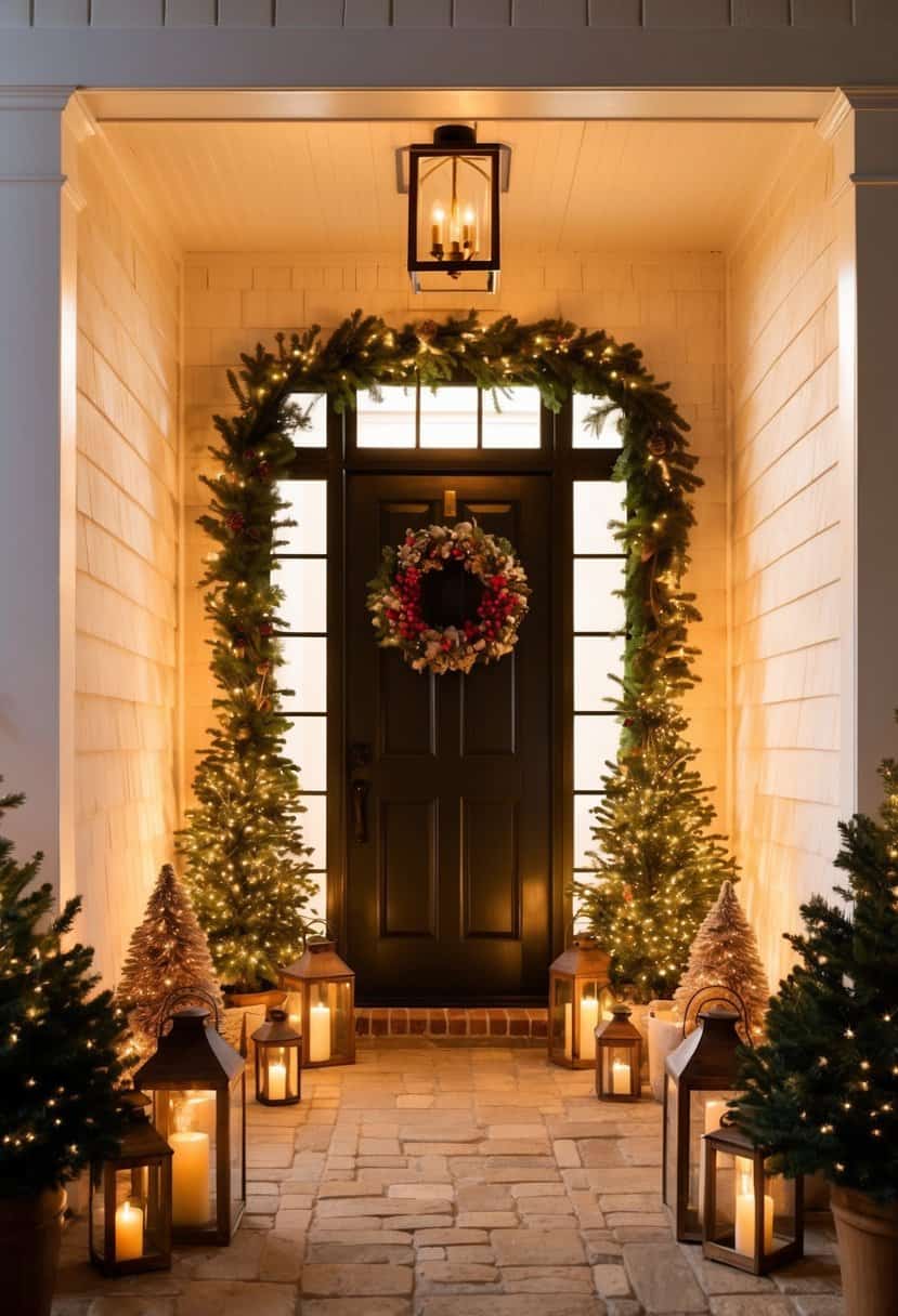 A cozy entryway adorned with rustic lanterns, welcoming guests with a warm and festive Christmas ambiance