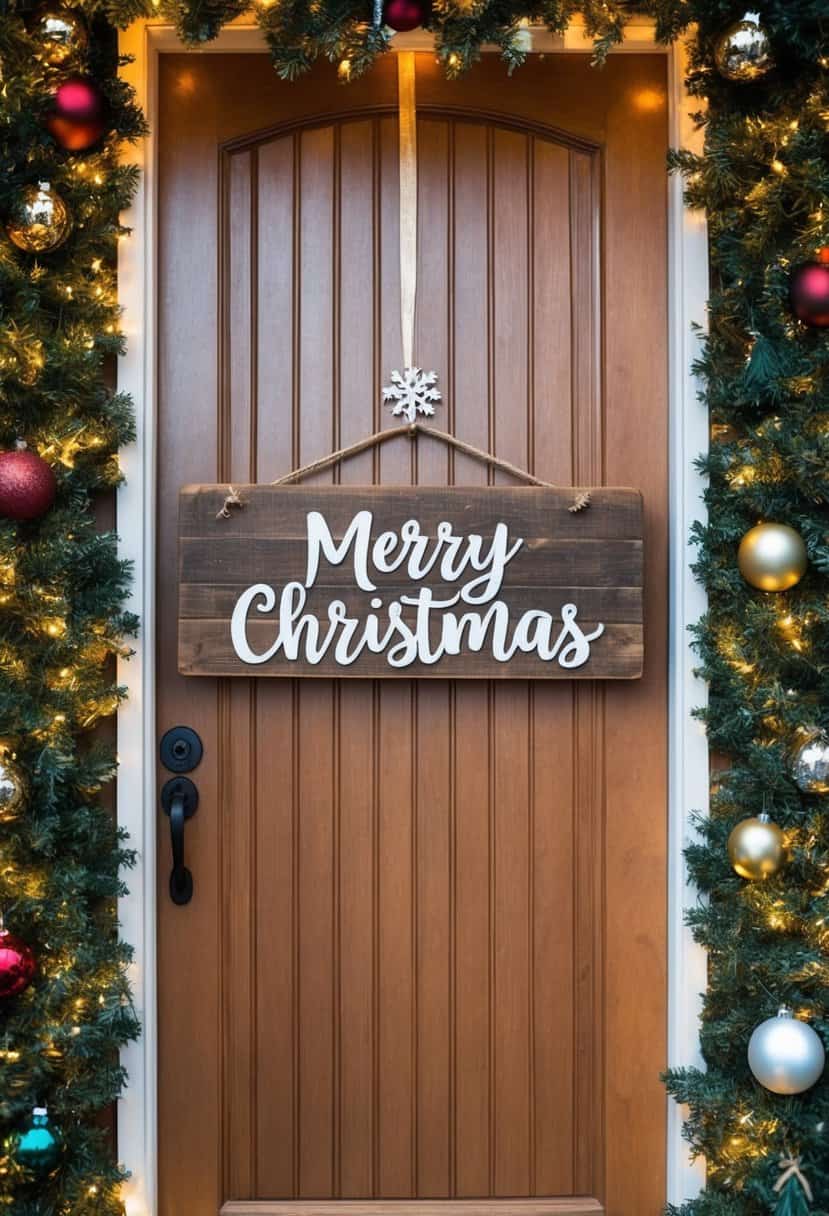 A rustic wooden sign with "Merry Christmas" hangs on a front door, surrounded by festive decorations and twinkling lights