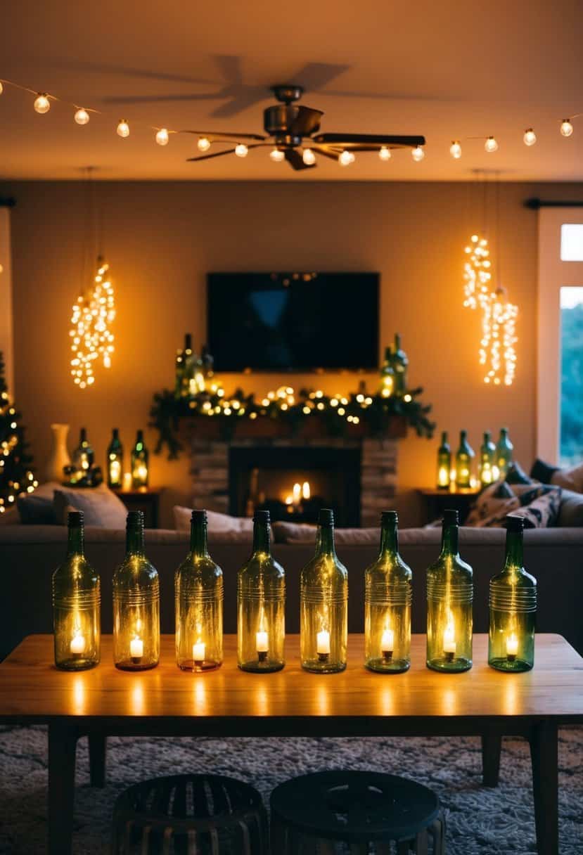 A cozy living room adorned with 18 upcycled bottle lanterns, casting a warm and festive glow