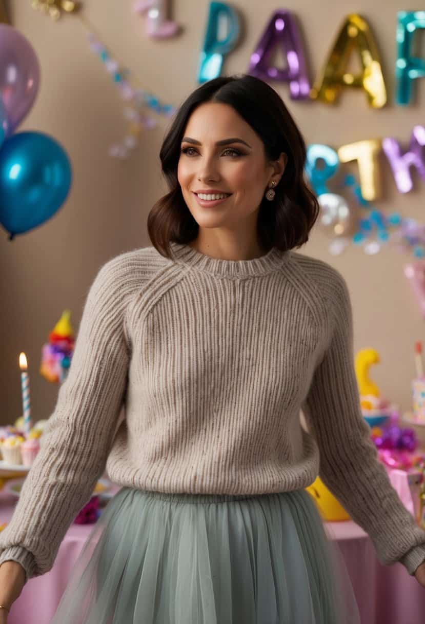 A cozy cashmere sweater paired with a tulle skirt, surrounded by birthday decorations and a celebratory atmosphere