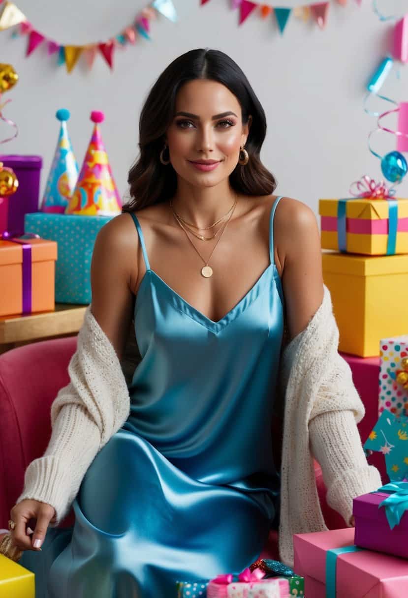 A satin slip dress paired with a cozy cardigan, surrounded by birthday decorations and gifts for a special celebration