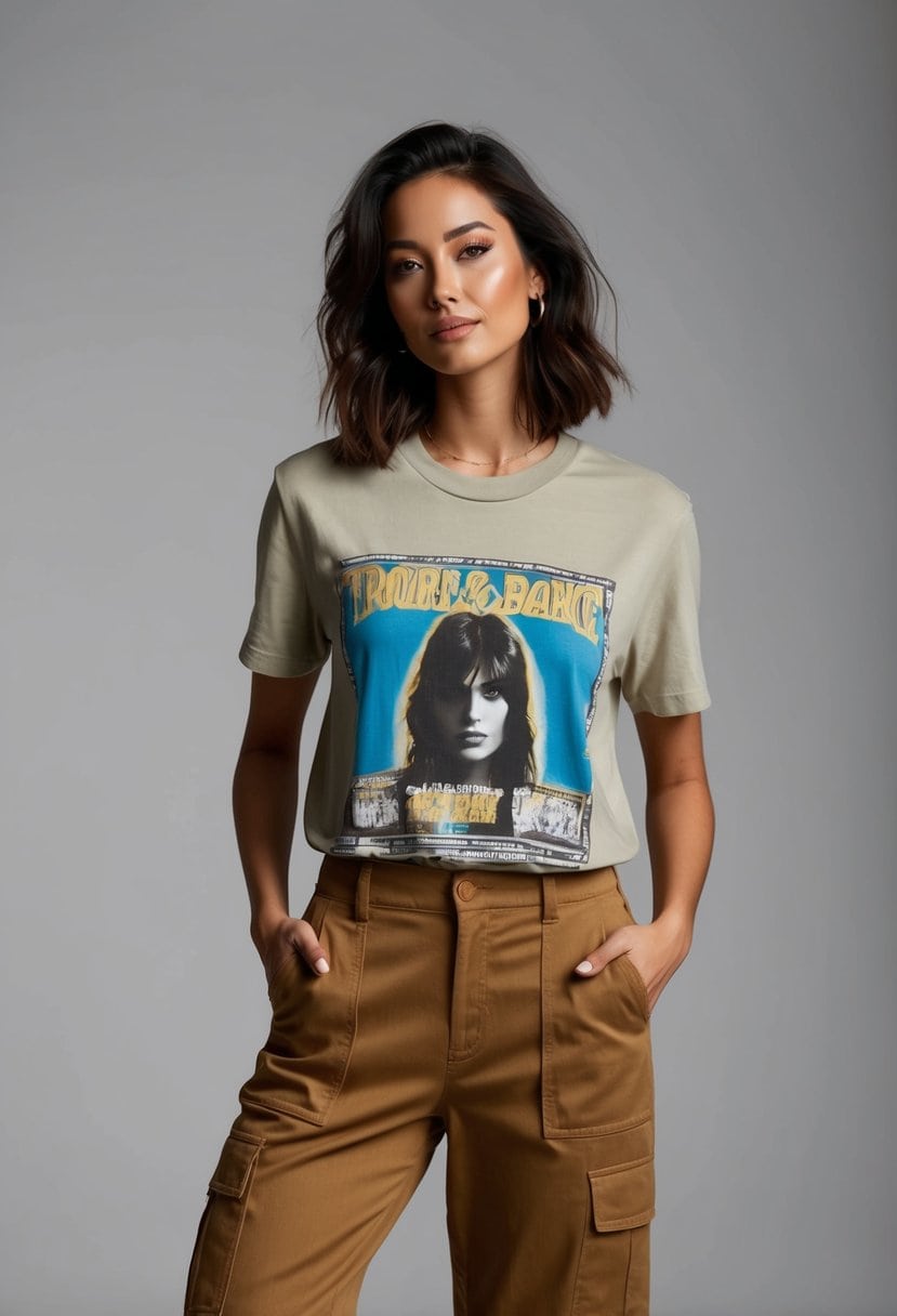 A tan cargo pant paired with a graphic band tee, styled with a casual and effortless vibe
