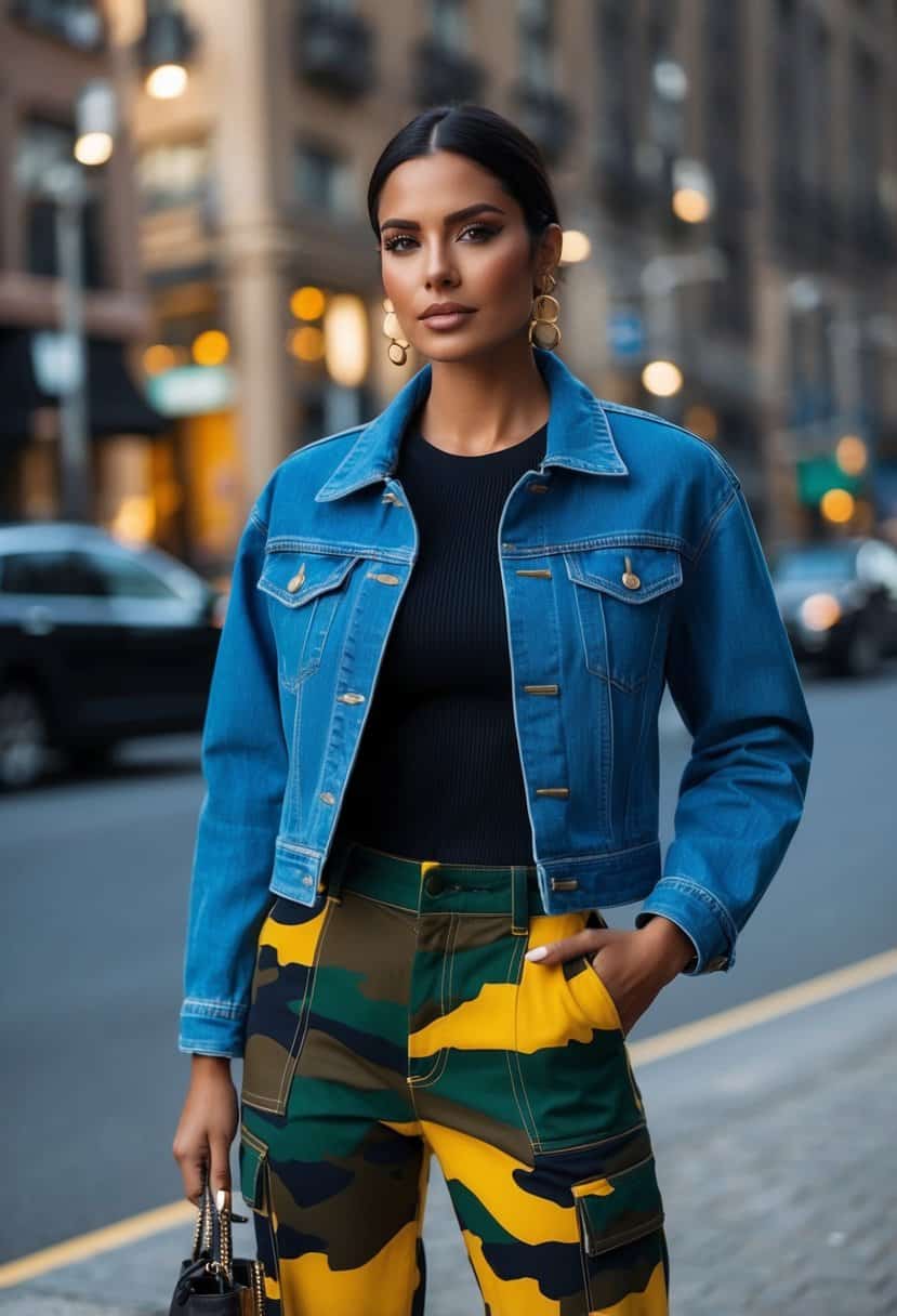14 Camo Pants Outfit Ideas for a Bold Contrast: Stand Out in Style! 7 A denim jacket layered over a bold camo pants outfit for a striking contrast