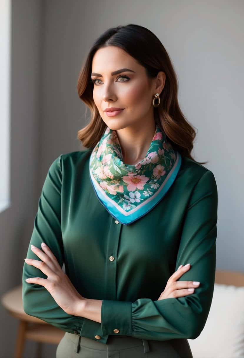 11 Stylish Ways to Wear a Green Shirt: Creative Outfit Ideas for Every Occasion 10 A green shirt paired with a floral scarf draped around the neck, styled in 11 different ways