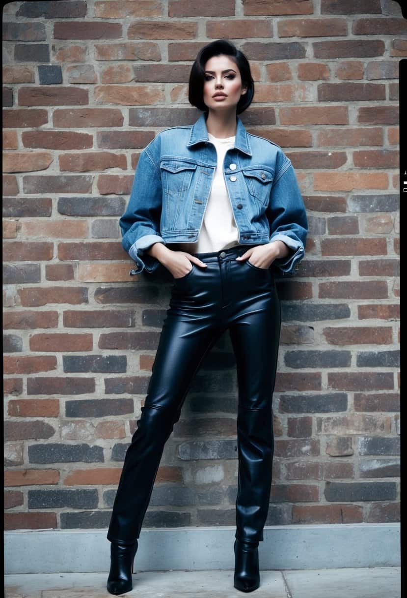 A model stands against a brick wall, wearing a denim jacket and leather pants. The outfit exudes edgy style, with the model's confident stance adding to the overall cool and rebellious vibe