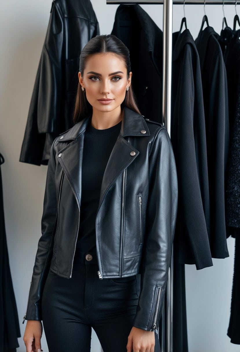 A sleek leather moto jacket hangs on a coat rack, surrounded by various black clothing items and accessories, creating an air of mysterious elegance