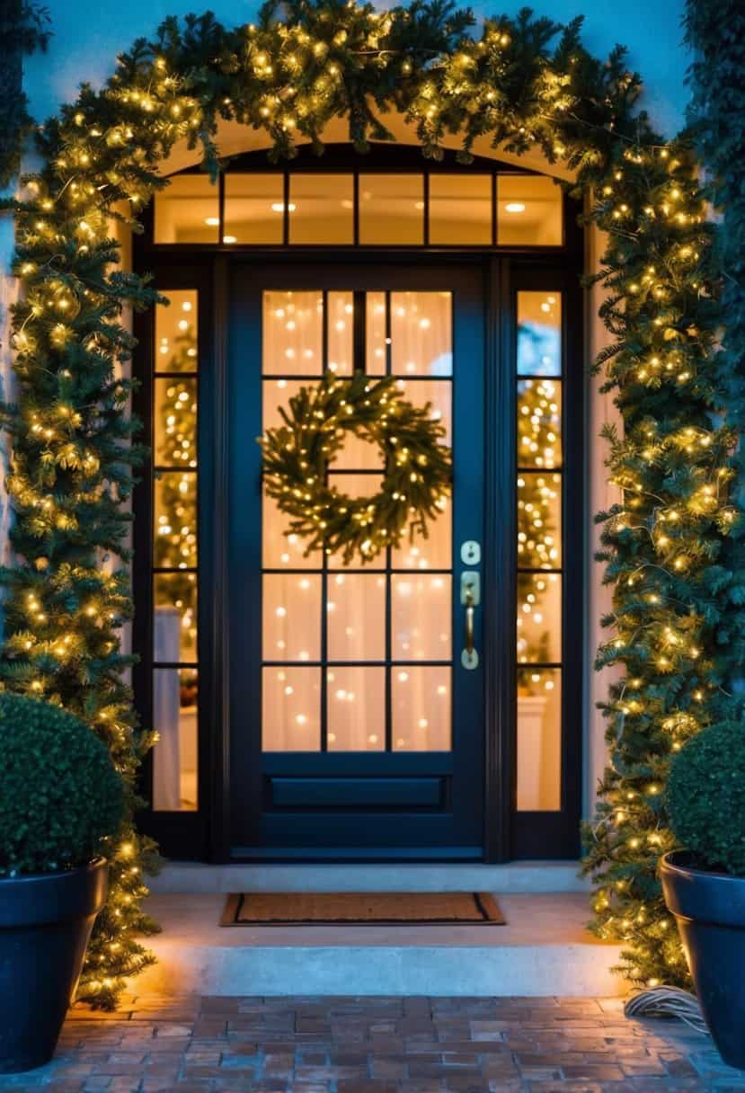 A cozy entryway adorned with warm white fairy lights, creating a magical Christmas ambiance