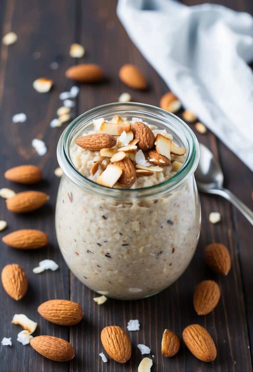 A glass jar filled with almond joy overnight oats, surrounded by scattered almonds and coconut flakes on a wooden table