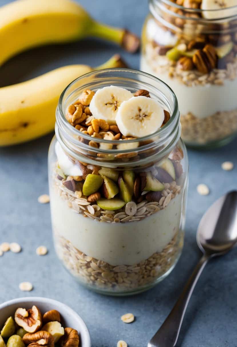 A glass jar filled with layers of oats, banana slices, and nuts, with a spoon resting on the side
