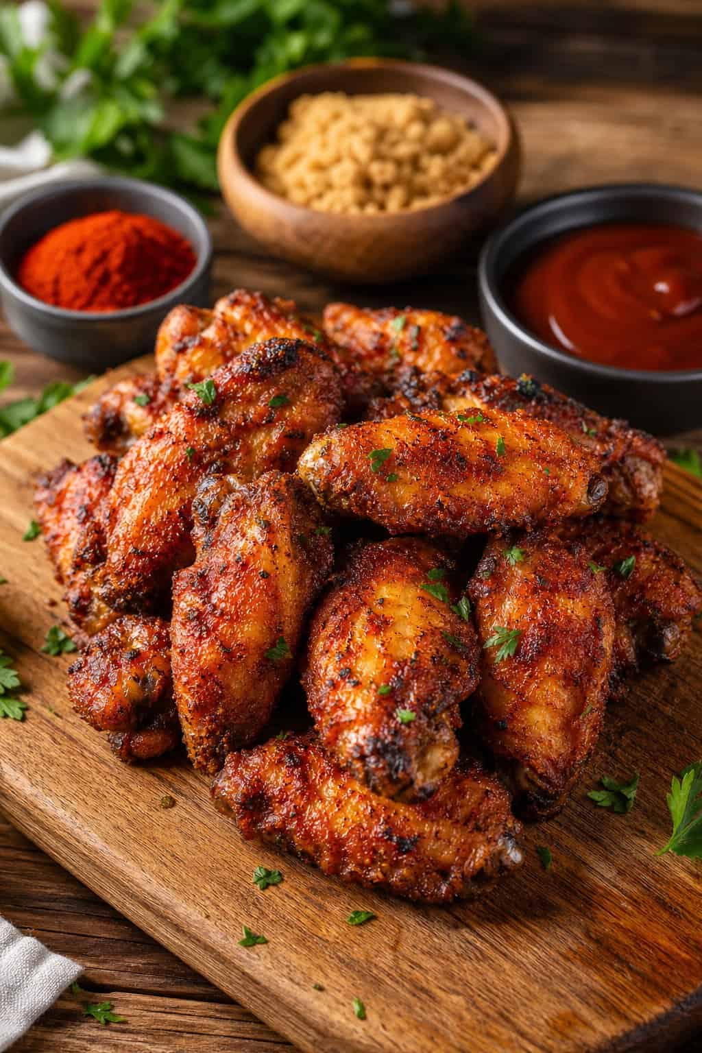 22 Crispy Air Fryer Chicken Wing Recipes 11 A plate of crispy BBQ dry-rub chicken wings seasoned with brown sugar and smoked paprika on a wooden board with small bowls of spices nearby.