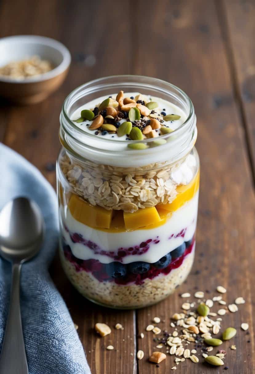 A glass jar filled with layers of oats, yogurt, and mixed berries, topped with a sprinkle of nuts and seeds, sitting on a wooden table