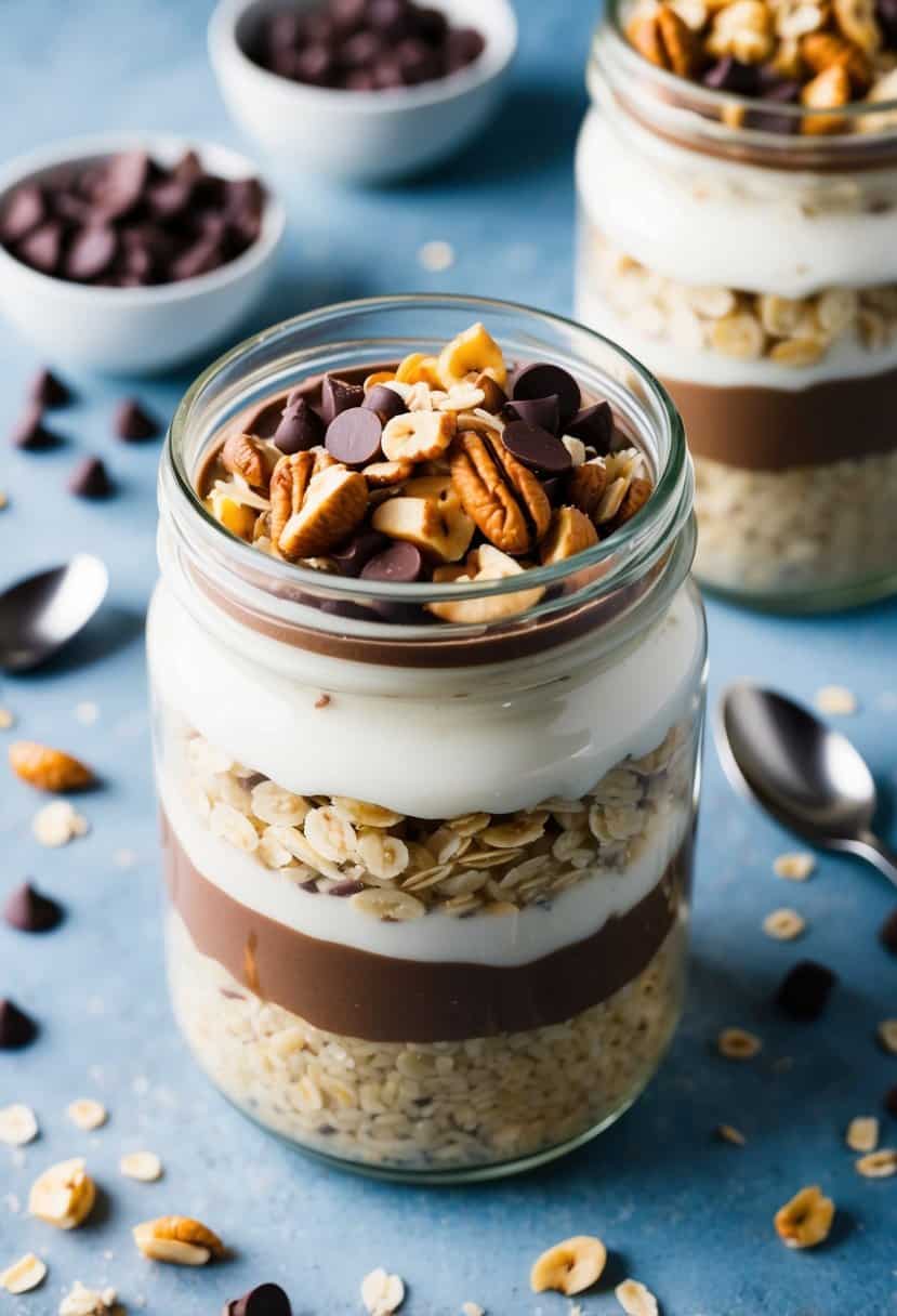 A glass jar filled with layers of oats, yogurt, and cocoa, topped with nuts and chocolate chips, surrounded by scattered ingredients