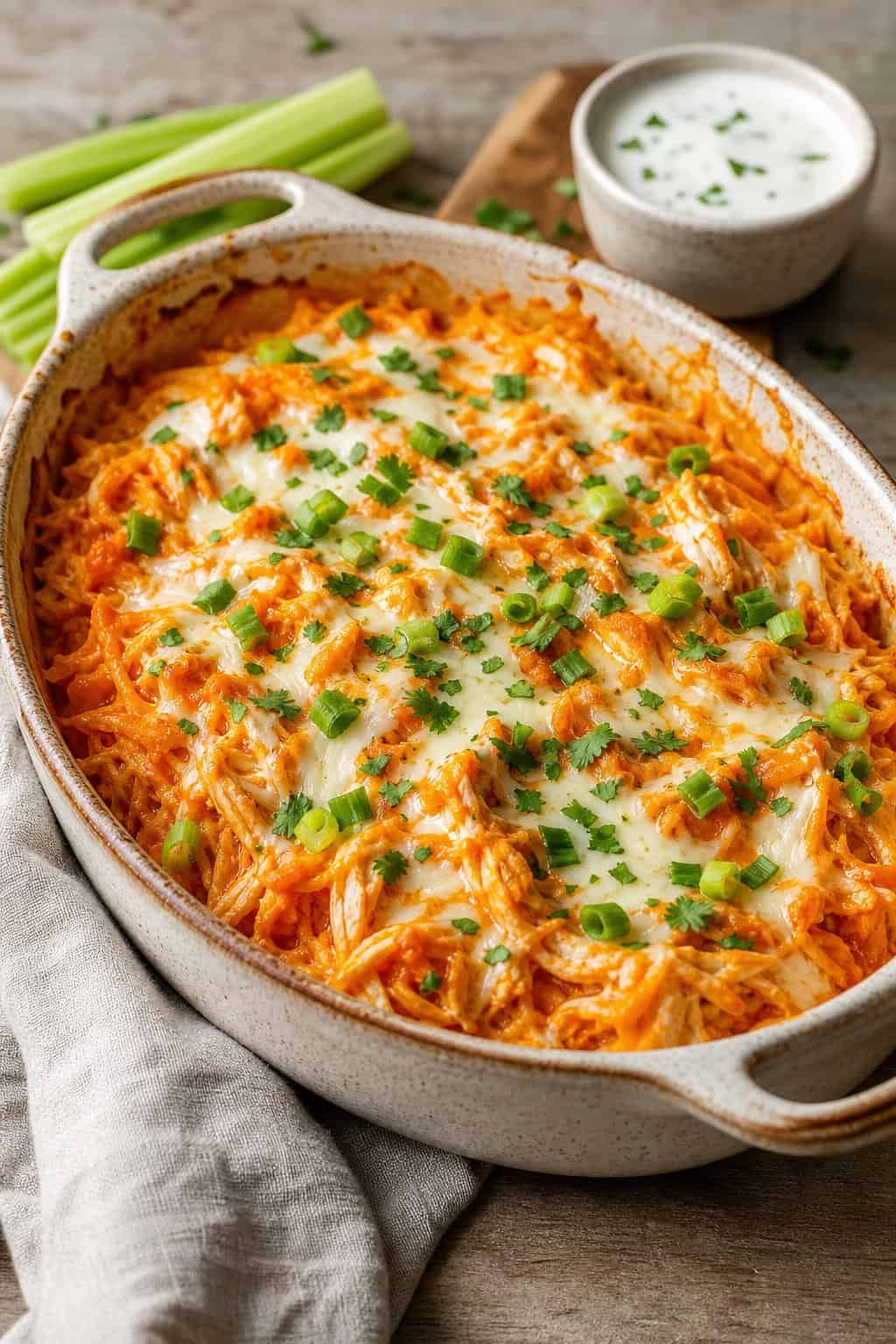 22 Chicken and Spaghetti Squash Recipes You’ll Love to Try Tonight! 6 A baked dish of buffalo chicken spaghetti squash topped with melted cheese and green onions on a wooden table with a bowl of ranch dressing and celery sticks nearby.