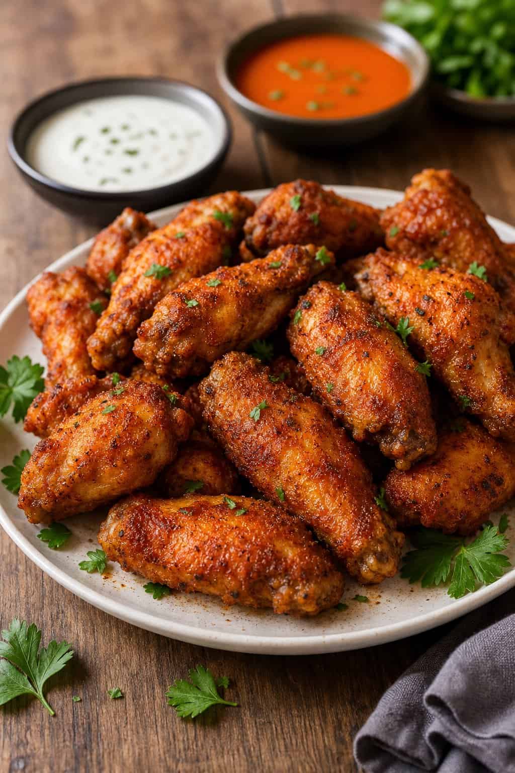 A plate of crispy chicken wings seasoned with paprika, garnished with parsley, and served with dipping sauces on a wooden table.
