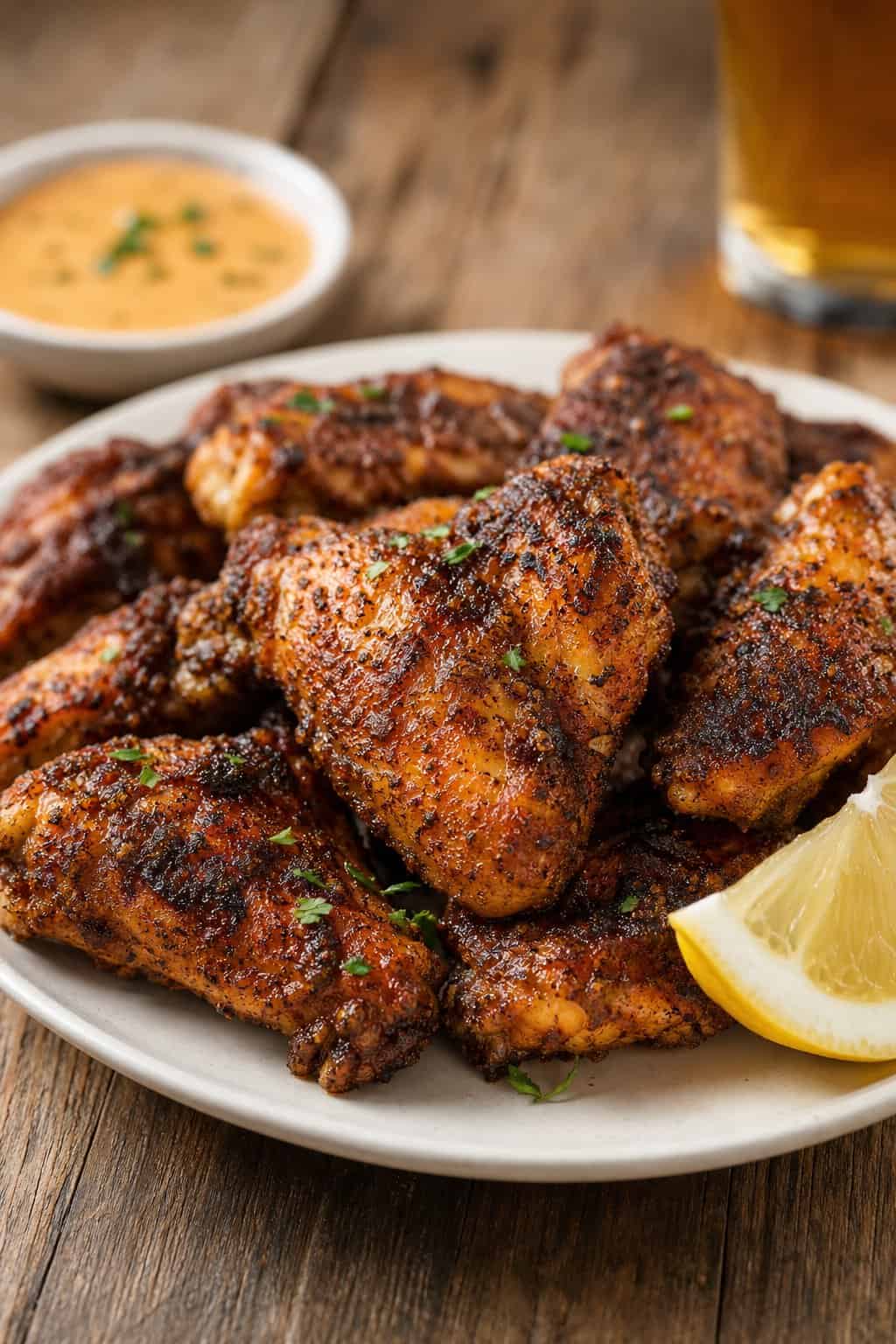 22 Crispy Air Fryer Chicken Wing Recipes 17 A plate of crispy Cajun blackened chicken wings with a lemon wedge on a wooden table.