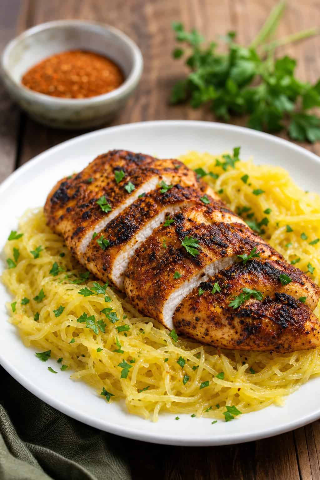A plate of Cajun-spiced chicken served over garlic butter spaghetti squash garnished with fresh herbs on a wooden table.