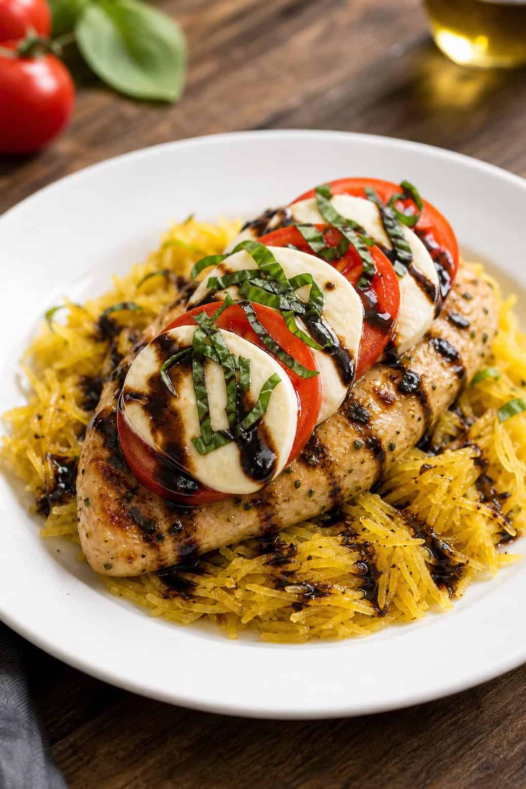 A plate of Caprese chicken on roasted spaghetti squash, topped with tomato slices, mozzarella, basil, and balsamic drizzle.