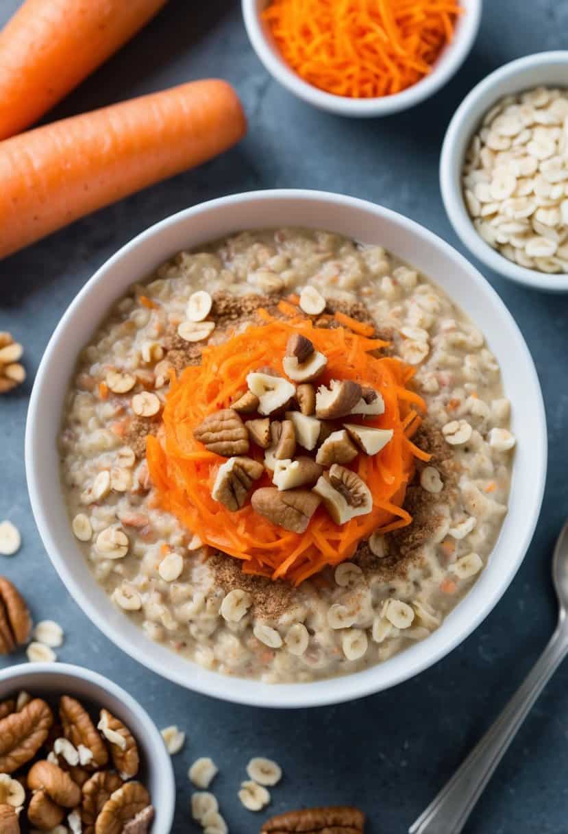 A bowl of carrot cake overnight oats surrounded by ingredients like carrots, oats, cinnamon, and nuts. A spoon rests on the side