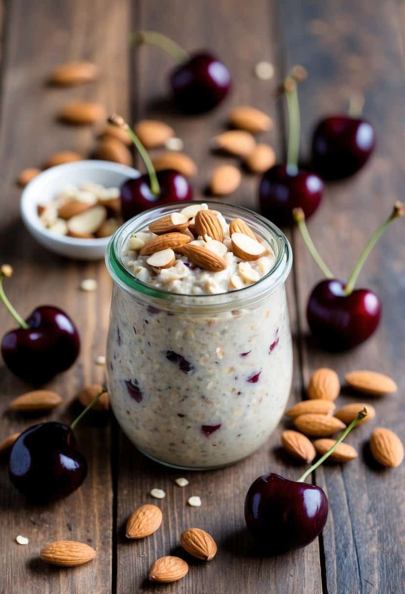 A glass jar filled with cherry almond overnight oats surrounded by scattered almonds and fresh cherries on a wooden table