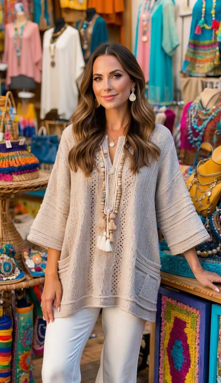 A cozy bohemian tunic paired with cropped pants, surrounded by colorful, eclectic shopping displays