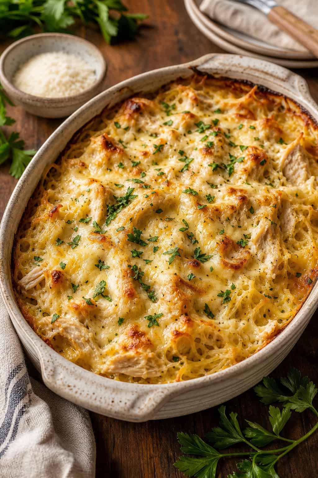 A baked casserole dish filled with chicken Alfredo spaghetti squash topped with melted cheese and garnished with parsley on a wooden table.