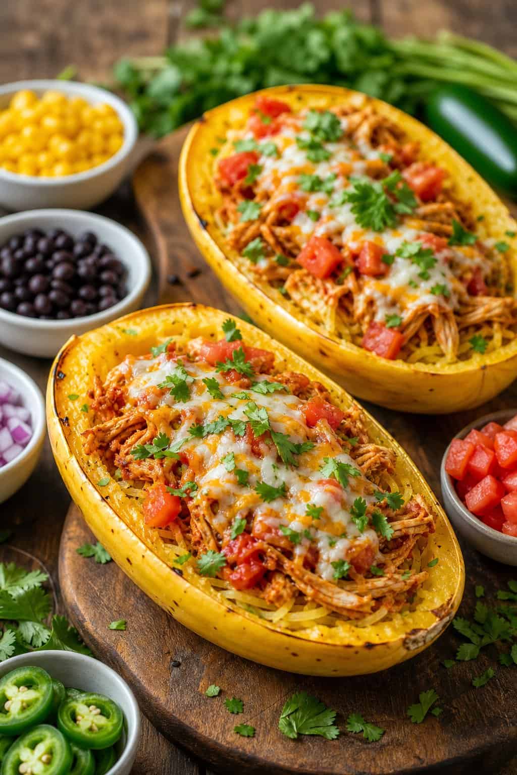 Two spaghetti squash halves filled with chicken enchilada mixture, garnished with cheese and cilantro, on a wooden table with bowls of fresh ingredients around them.
