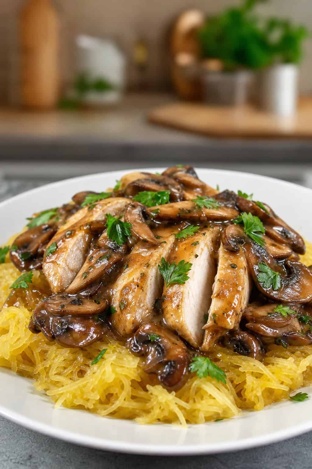 A plate of sliced chicken breast with mushroom Marsala sauce served over spaghetti squash, garnished with parsley.