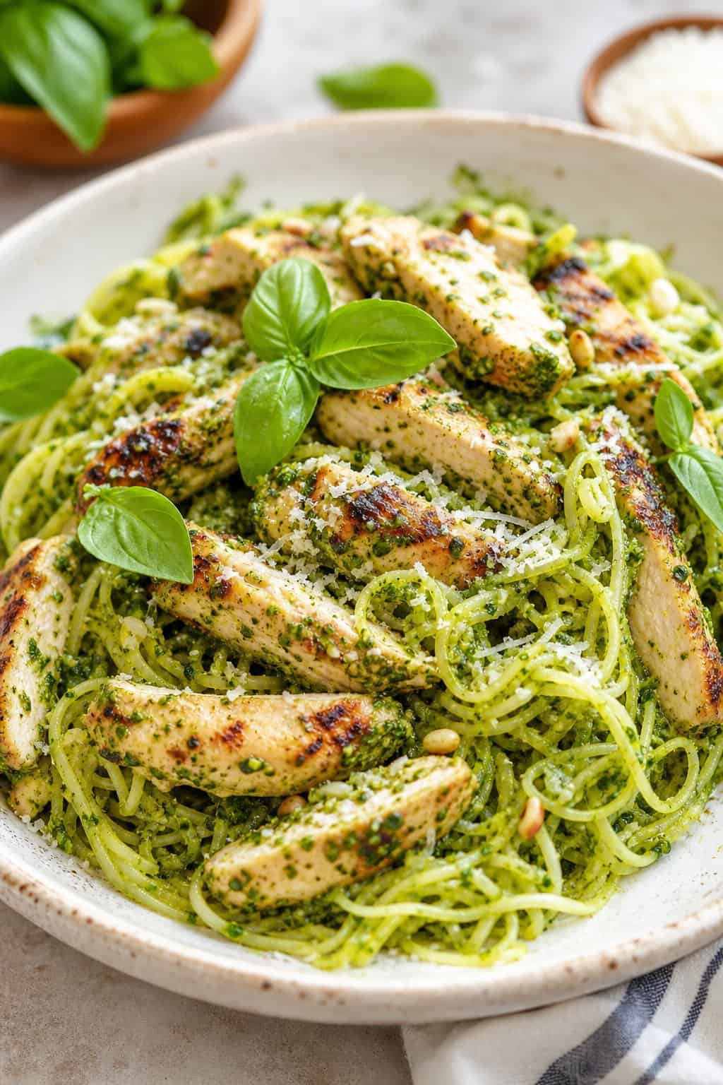 A bowl of grilled chicken mixed with spaghetti squash and green pesto sauce, garnished with basil and Parmesan cheese.