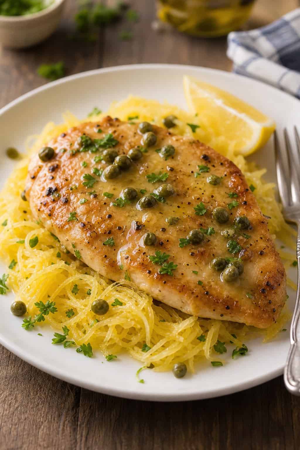 A plate of chicken piccata served over spaghetti squash with lemon sauce and parsley garnish.