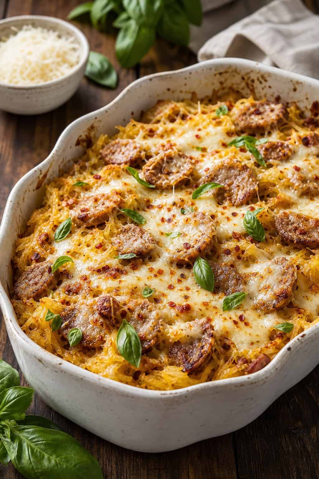 A baked casserole dish filled with chicken sausage, spaghetti squash, melted cheese, and fresh basil on a wooden table.