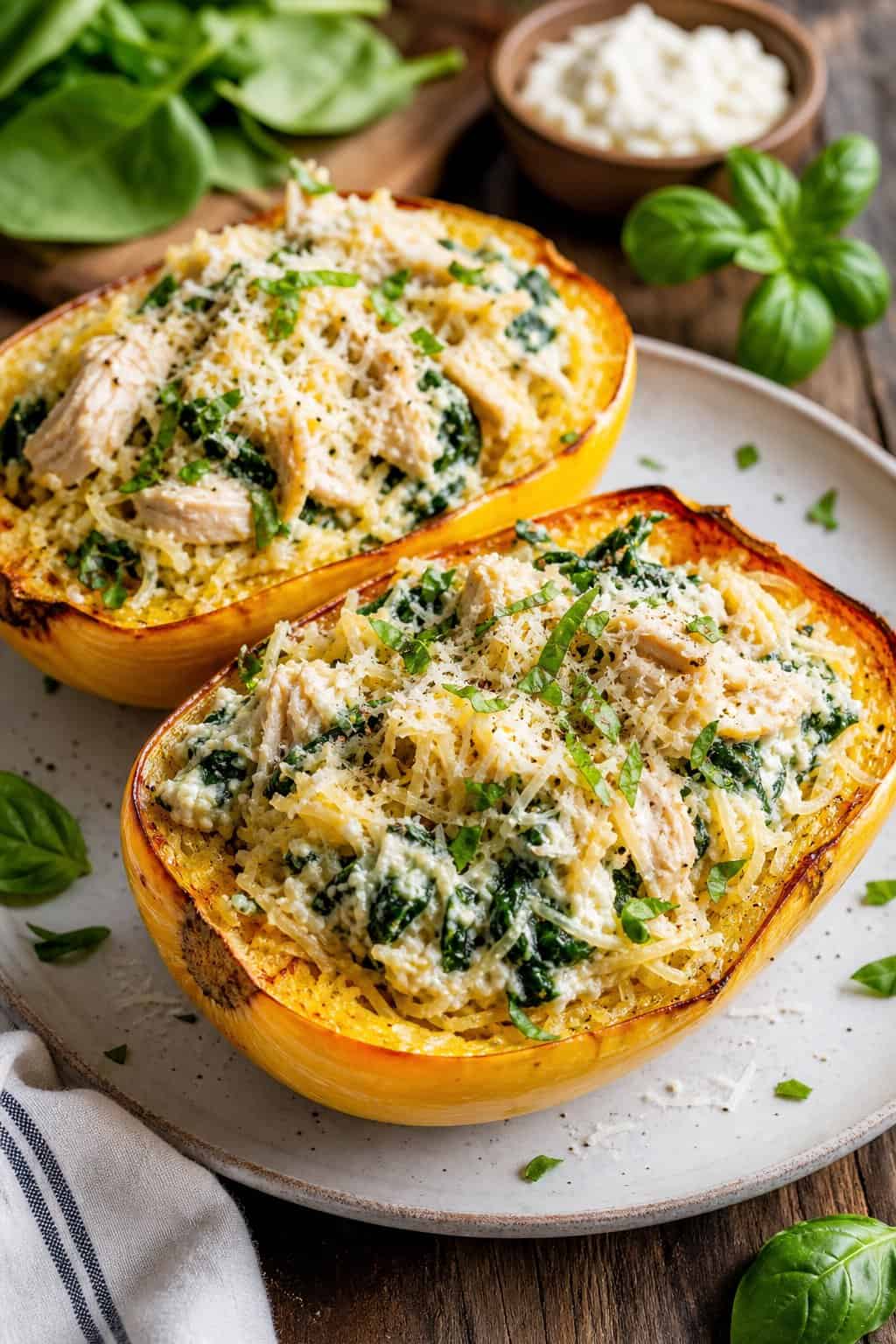 A plate of roasted spaghetti squash halves stuffed with chicken, spinach, and ricotta cheese, garnished with fresh herbs on a wooden table.