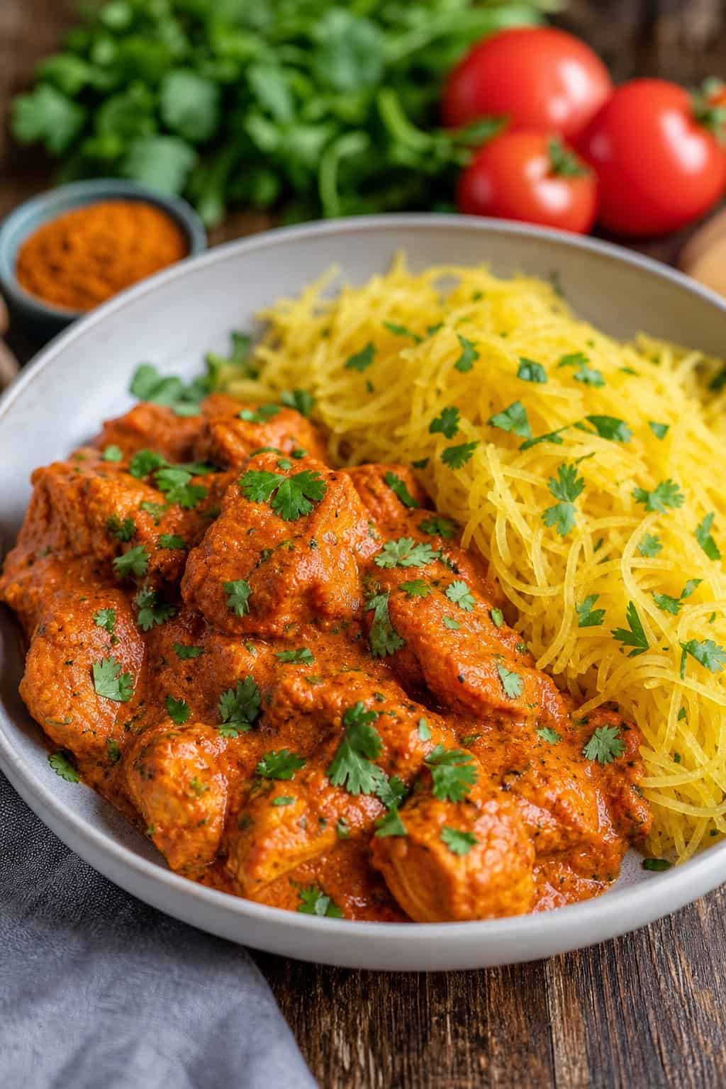 A plate of chicken tikka masala served with spaghetti squash on a wooden table.