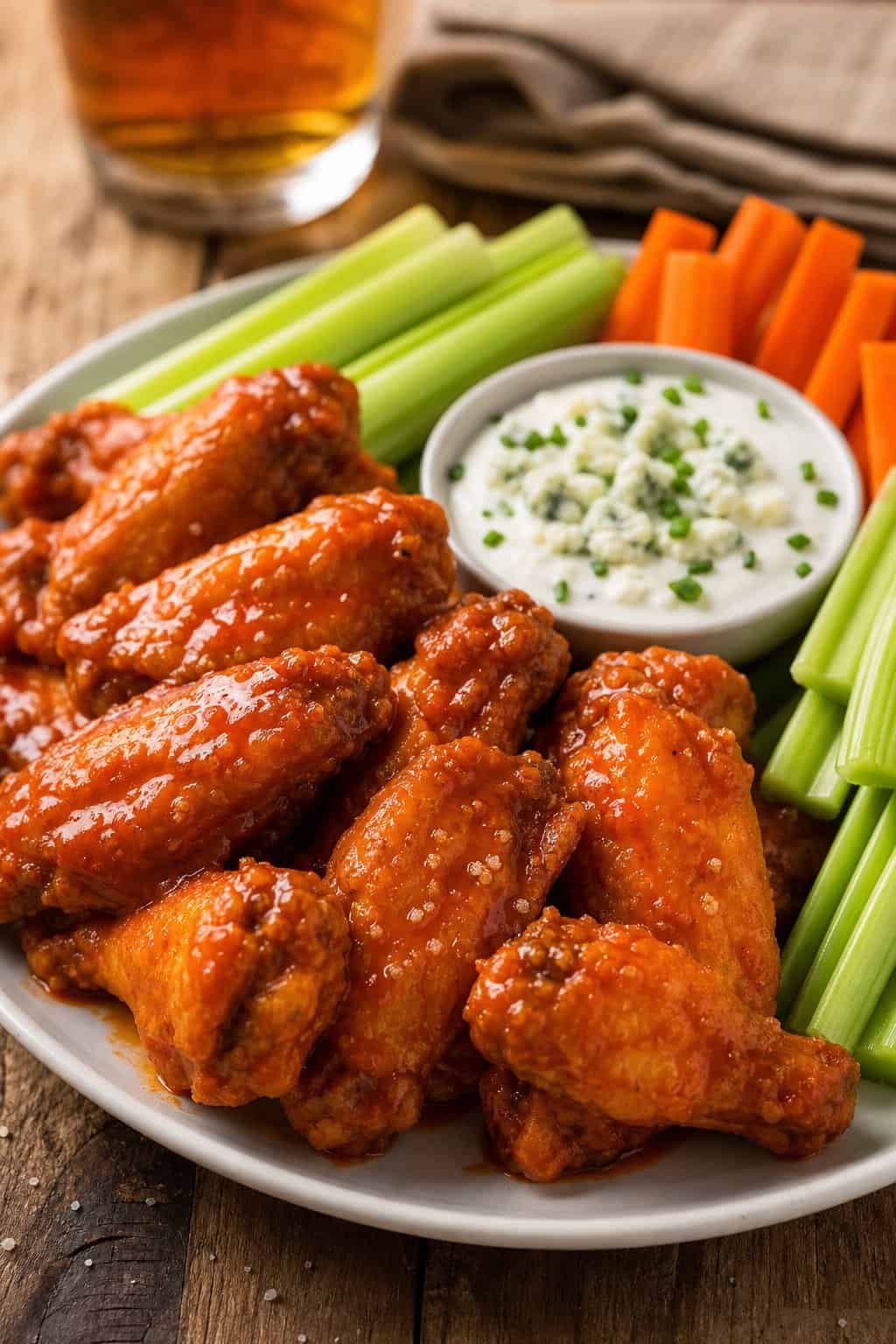 A plate of crispy buffalo chicken wings with a bowl of blue cheese dip, celery sticks, and carrot sticks on a wooden table.
