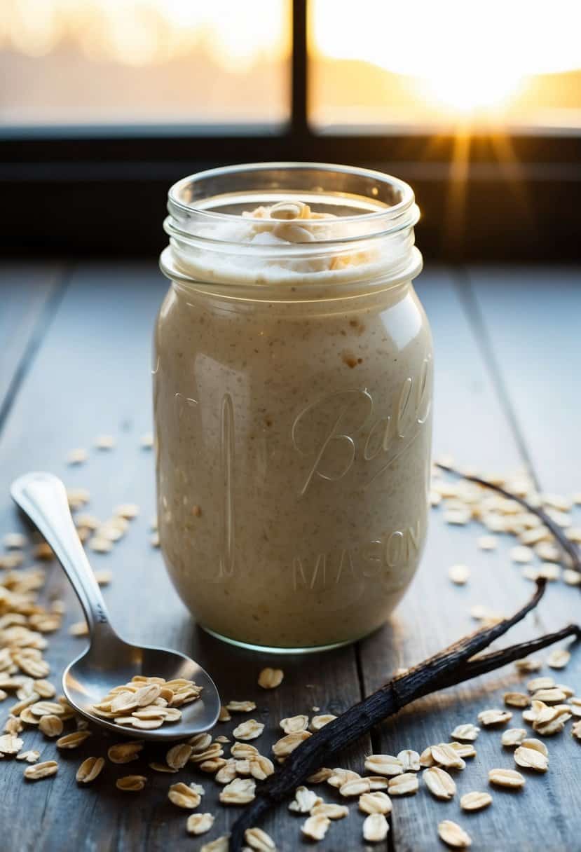 A mason jar filled with creamy vanilla oats, surrounded by scattered oats, vanilla pods, and a spoon. Sunrise light streams through a window onto the scene