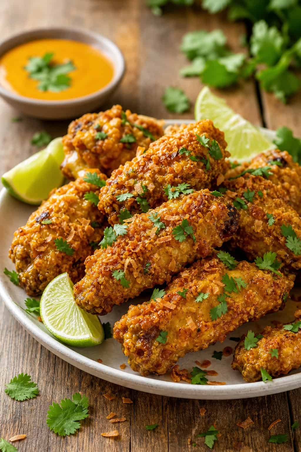 A plate of crispy coconut curry chicken wings garnished with cilantro and lime wedges on a wooden table.