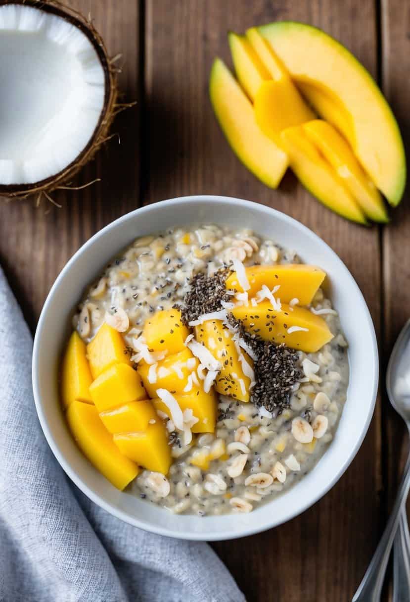 A bowl of coconut mango overnight oats surrounded by fresh mango slices, coconut shavings, and a sprinkle of chia seeds on a wooden table