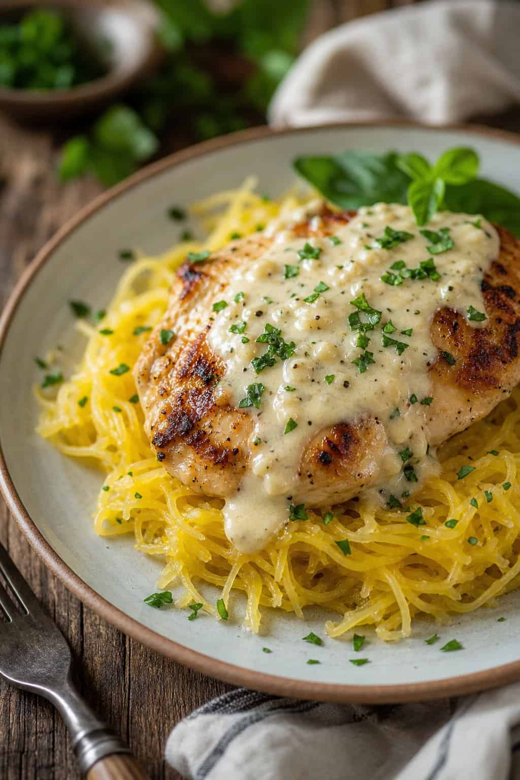 A plate of creamy garlic parmesan chicken served over spaghetti squash garnished with fresh herbs on a wooden table.