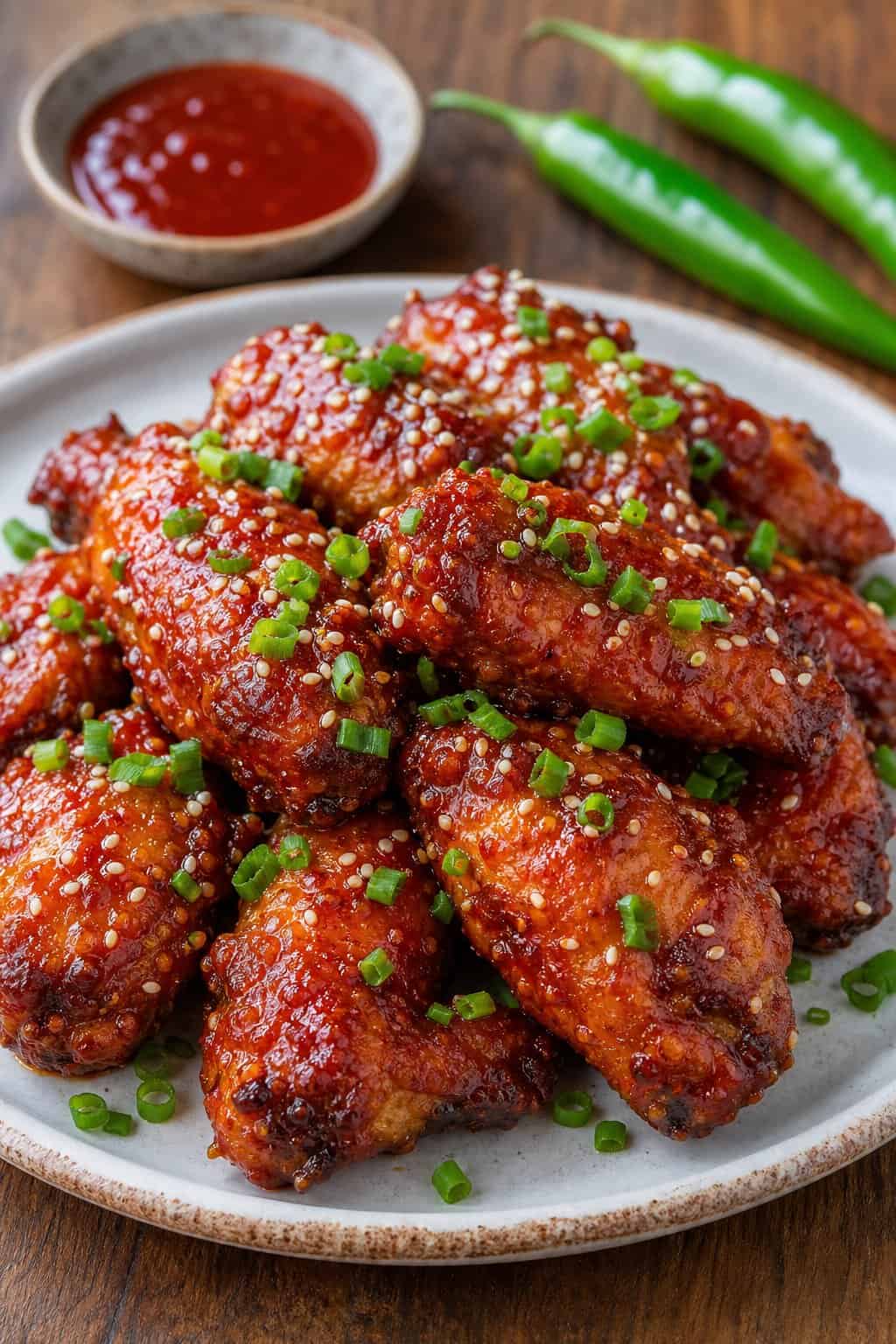 22 Crispy Air Fryer Chicken Wing Recipes 8 A plate of crispy Korean gochujang chicken wings topped with toasted sesame seeds and green onions on a wooden table.
