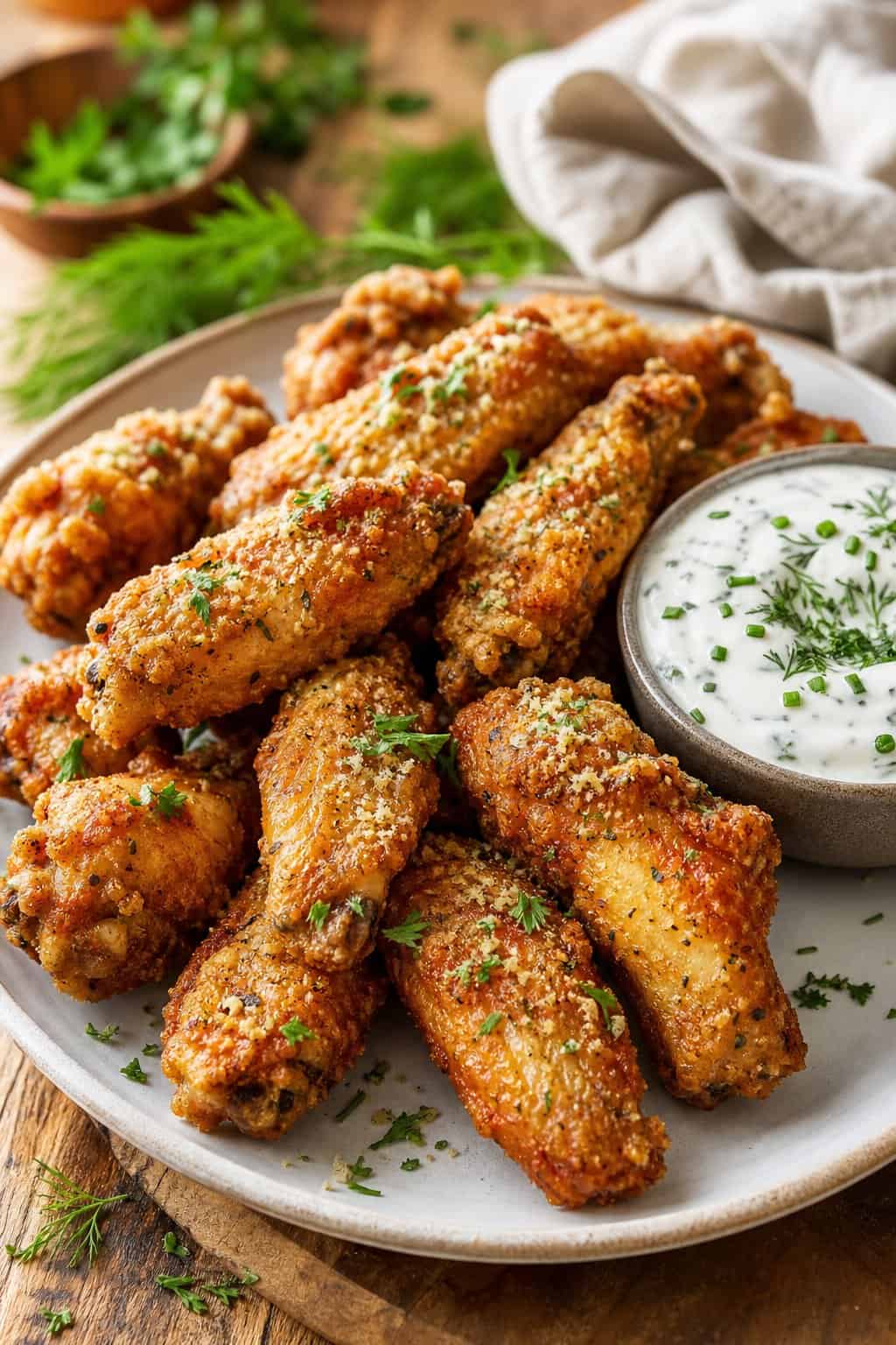 A plate of crispy ranch-coated chicken wings served with a bowl of dill and chive dip on a wooden table.
