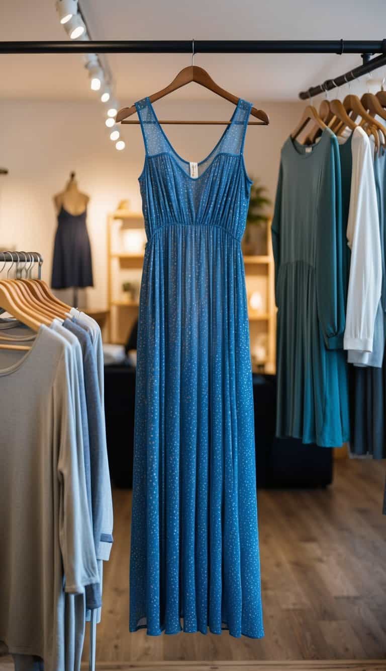 A flowy maxi dress hanging on a wooden hanger in a cozy, well-lit boutique with other casual clothing items displayed nearby