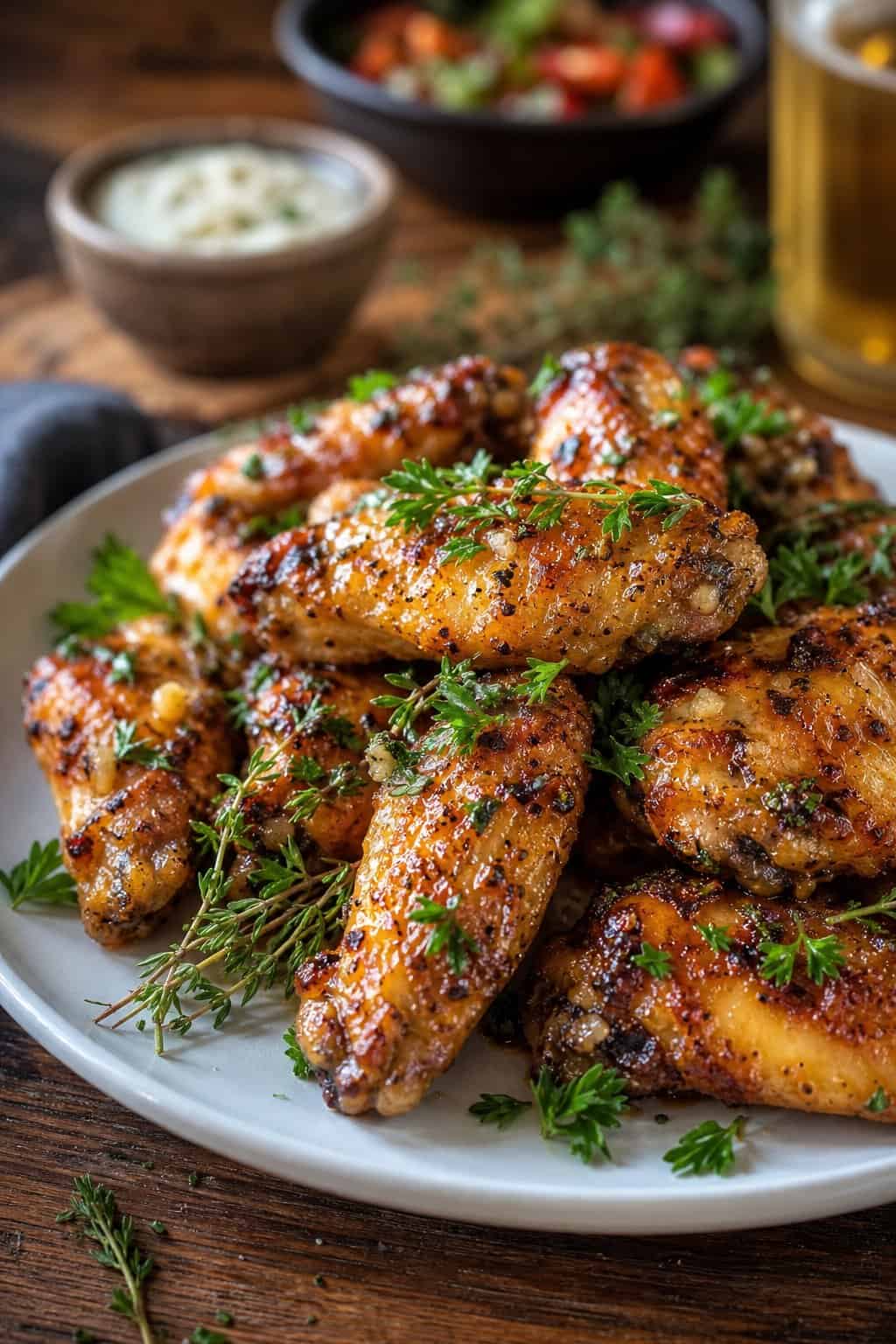 A plate of crispy garlic-herb butter chicken wings garnished with fresh thyme and parsley on a wooden table.