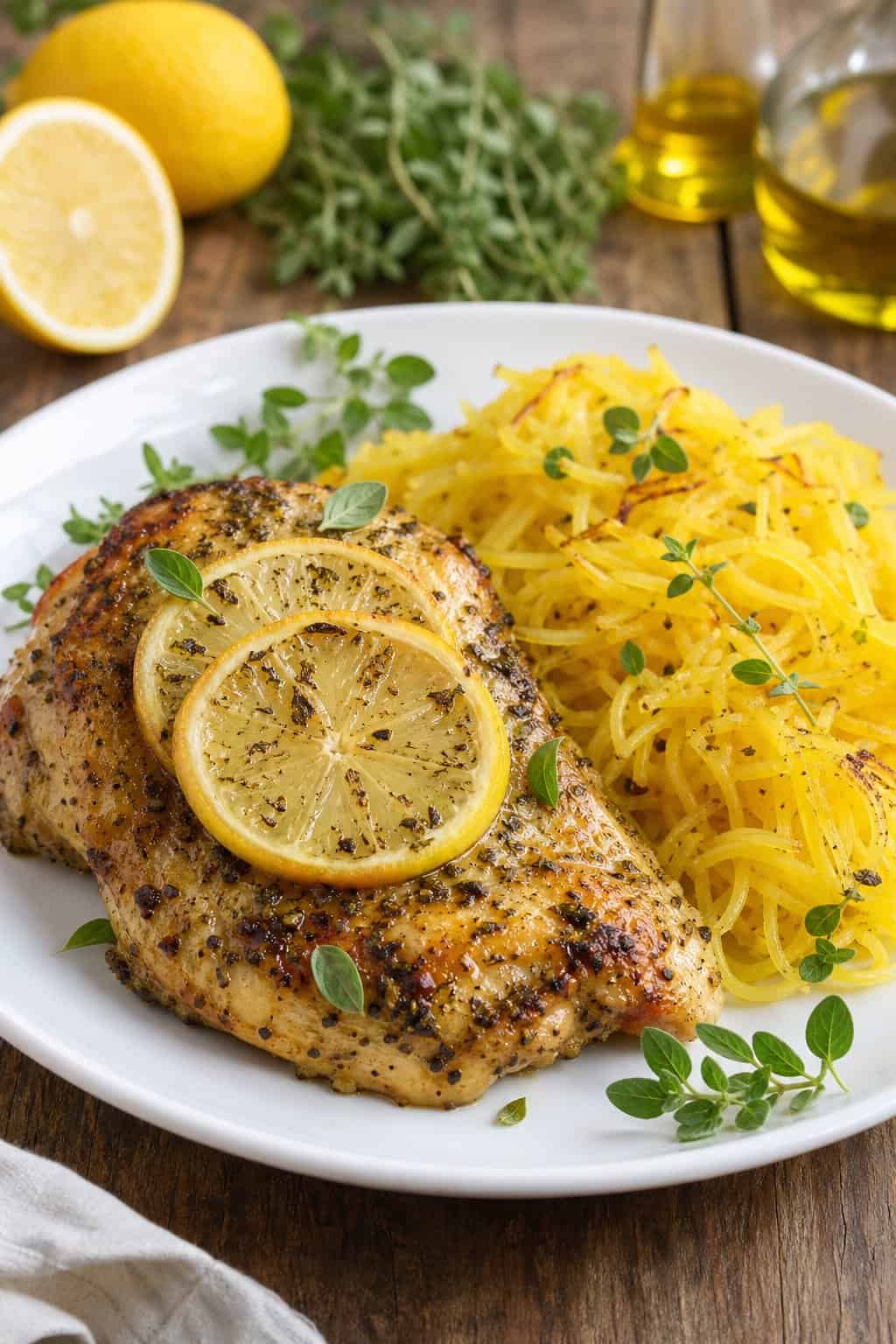 A plate of golden-brown lemon-oregano chicken served with roasted spaghetti squash on a wooden table with fresh lemons and herbs in the background.