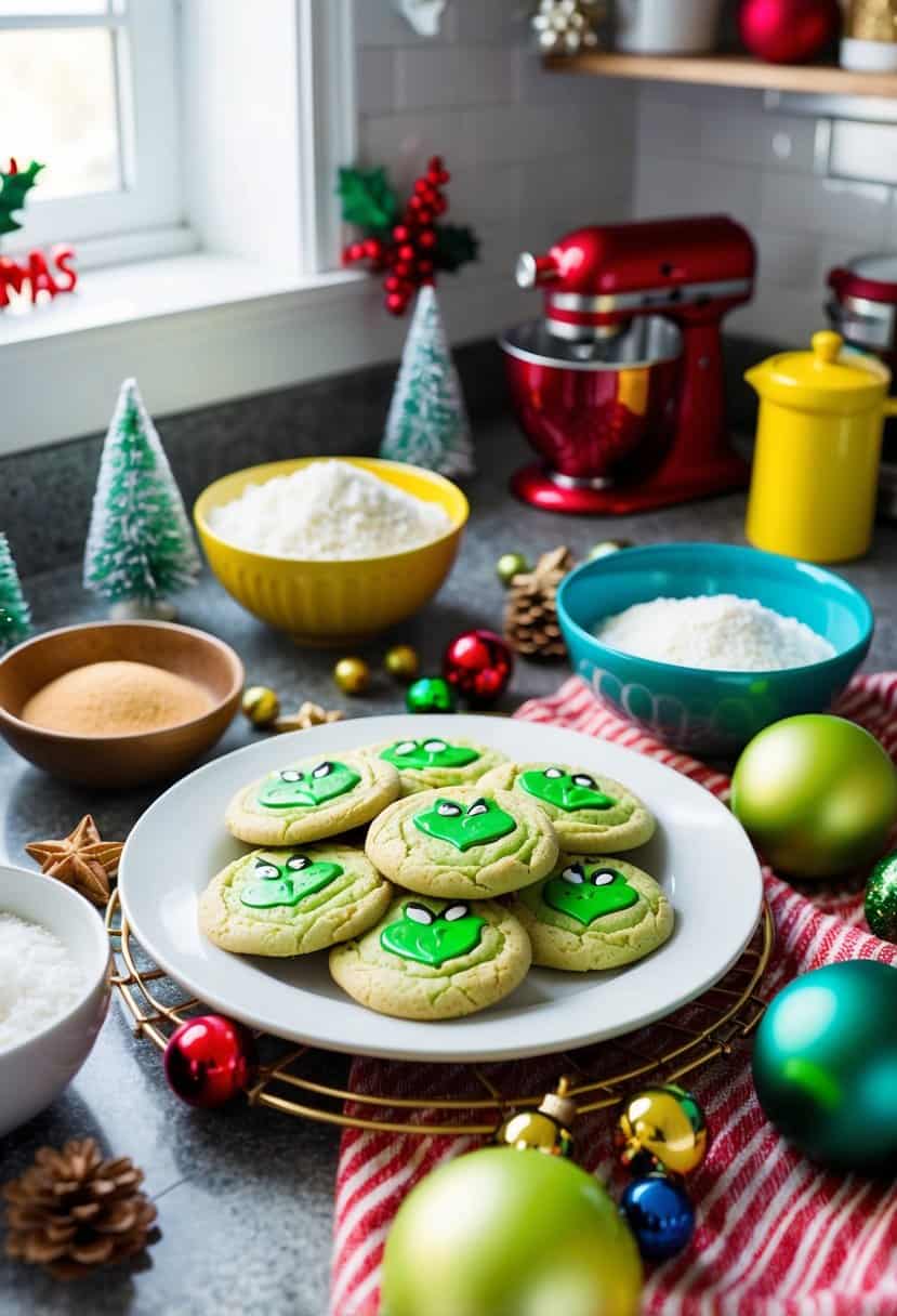 A festive kitchen counter with a plate of Grinch cookies surrounded by ingredients and Christmas decorations
