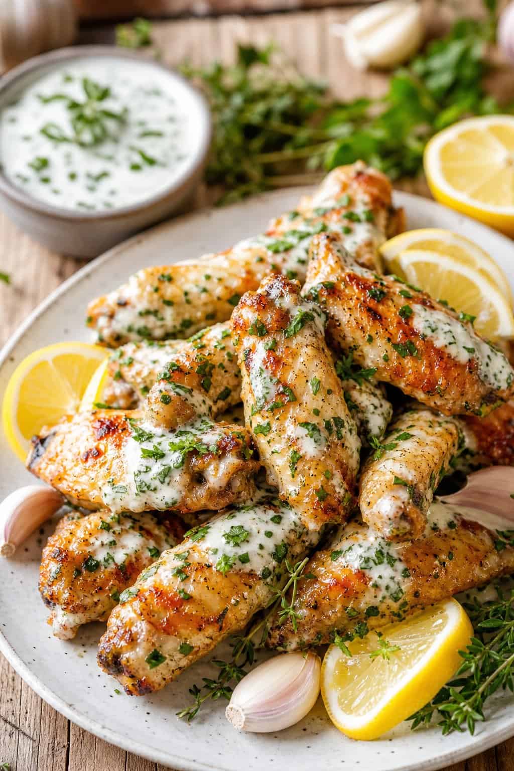 A plate of crispy chicken wings coated in herbed lemon-garlic yogurt sauce with lemon slices and fresh herbs on a wooden table.