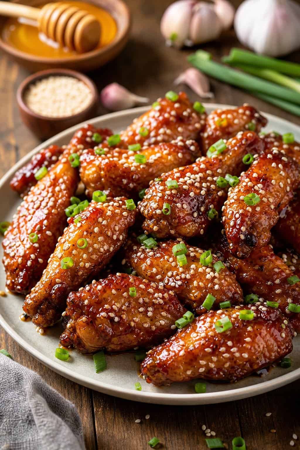A plate of honey-garlic sticky chicken wings garnished with sesame seeds and chopped scallions on a wooden table.